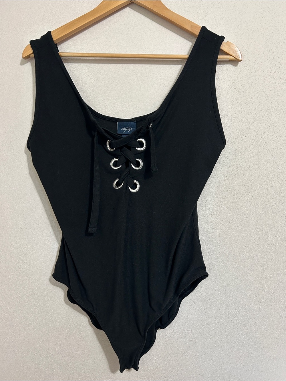 Daytrip Black Lace-Up Scoop Neck Bodysuit with Tank Straps